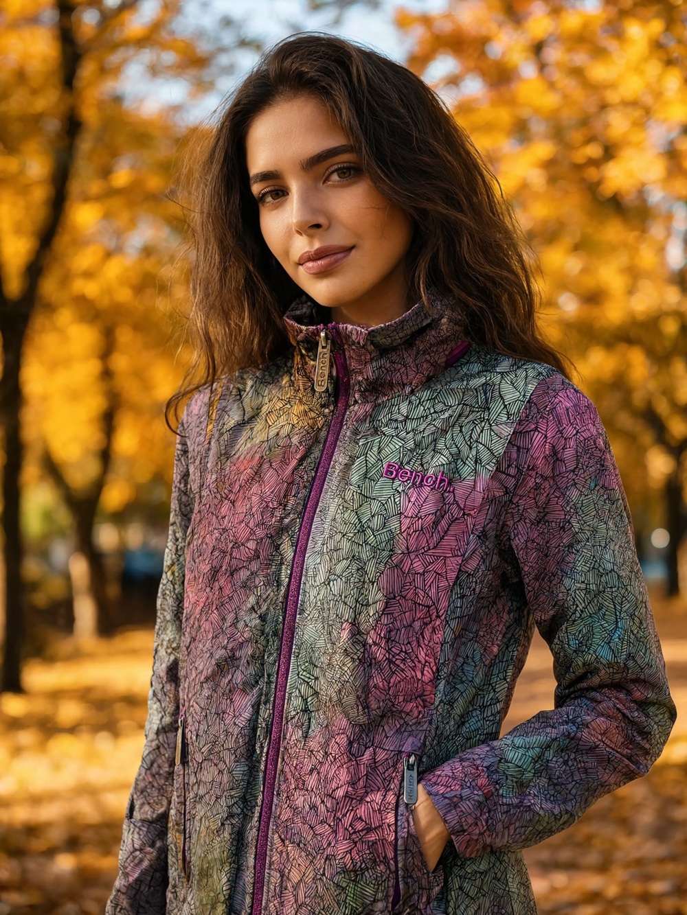 BENCH Y2K Multicolor Geometric Print Jacket w/ Hidden Hood (in collar)